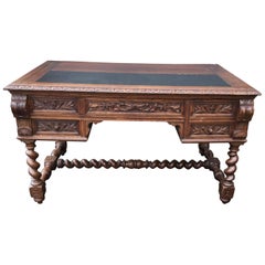 Antique Handsome 19th Century French Carved Walnut and Leather Top Desk