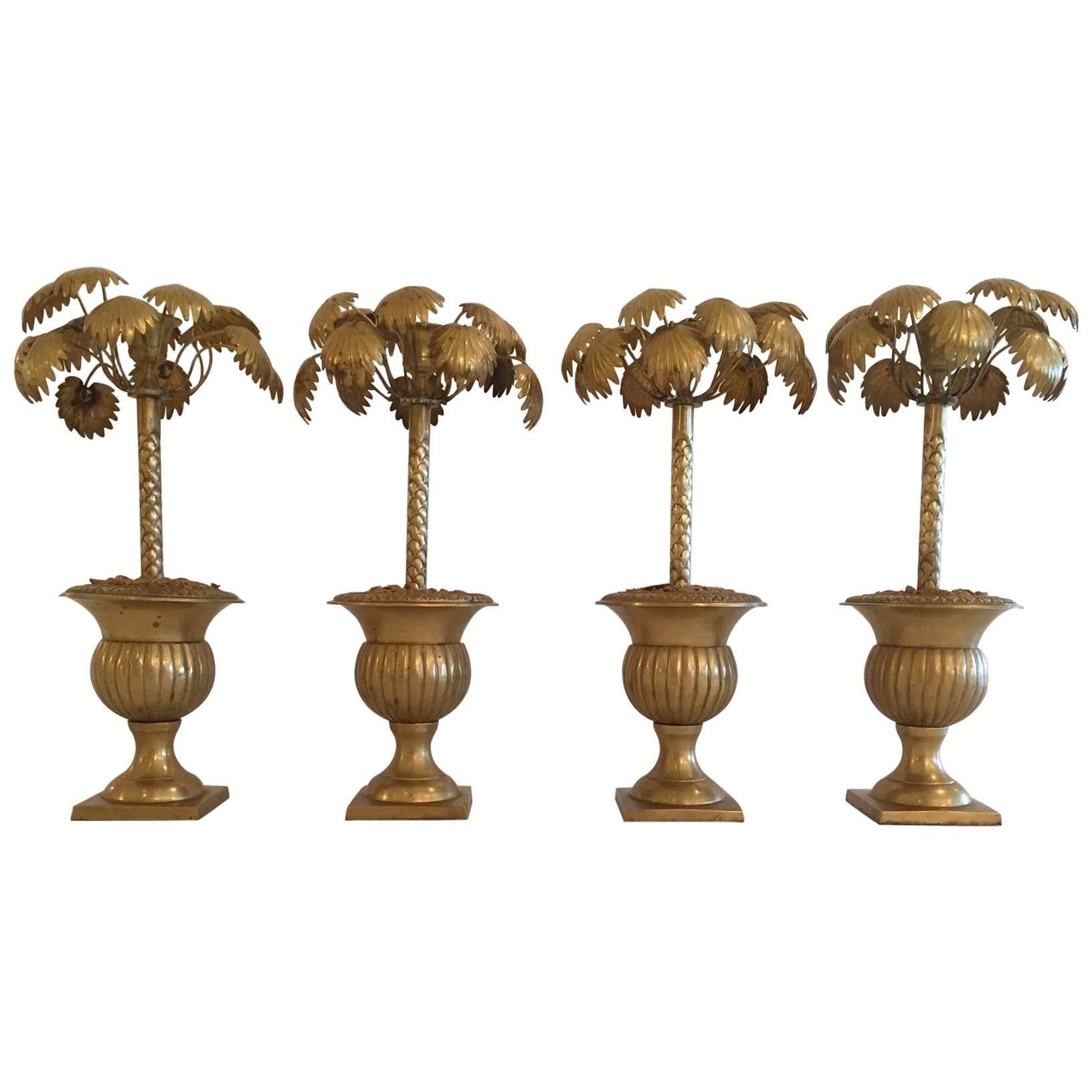 Set of Four Wonderfully Whimsical Potted Palm Tree Brass Candlesticks