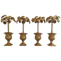 Set of Four Wonderfully Whimsical Potted Palm Tree Brass Candlesticks