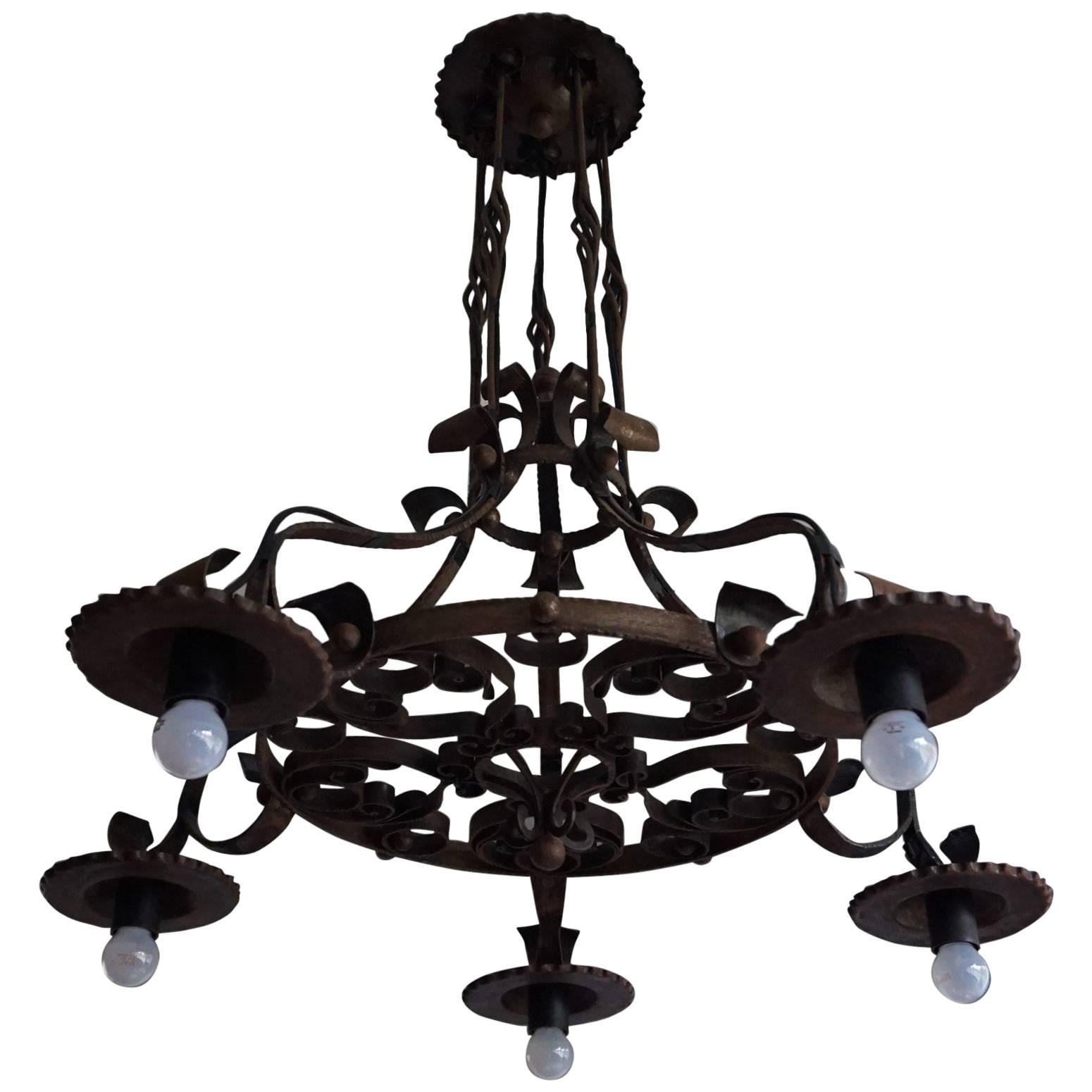 Good Size & Hand-Forged Arts & Crafts Wrought Iron Light Fixture or Chandelier