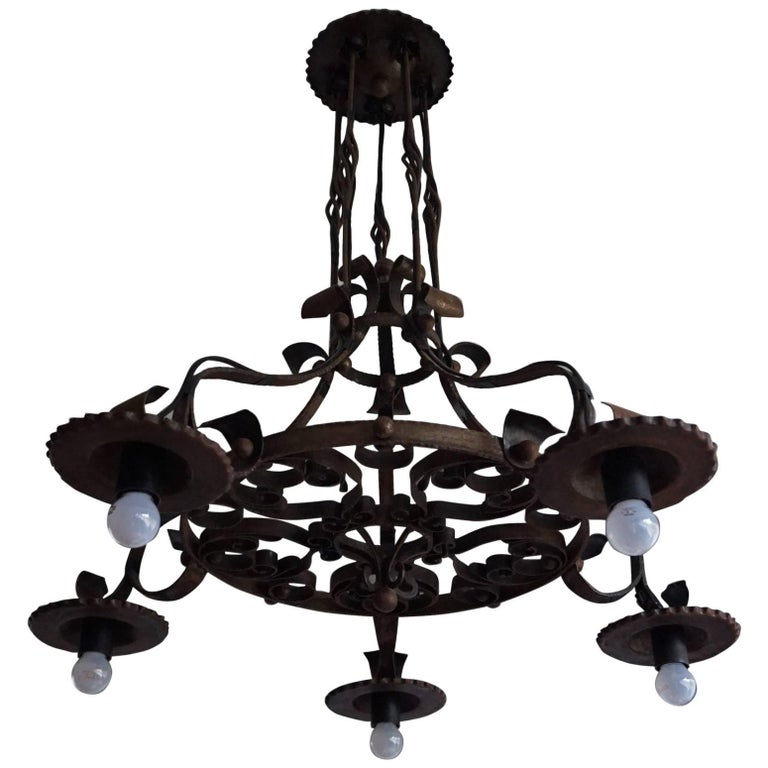 Good Size and Arts and Crafts Wrought Iron Light Fixture or