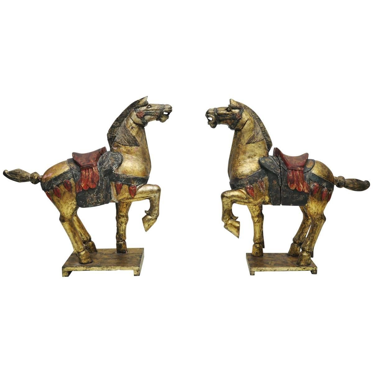Large Pair of Carved Wooden Tang Horses