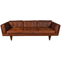 Rare Illum Wikkelsø Three-Seat Sofa "V11" in Brown Leather