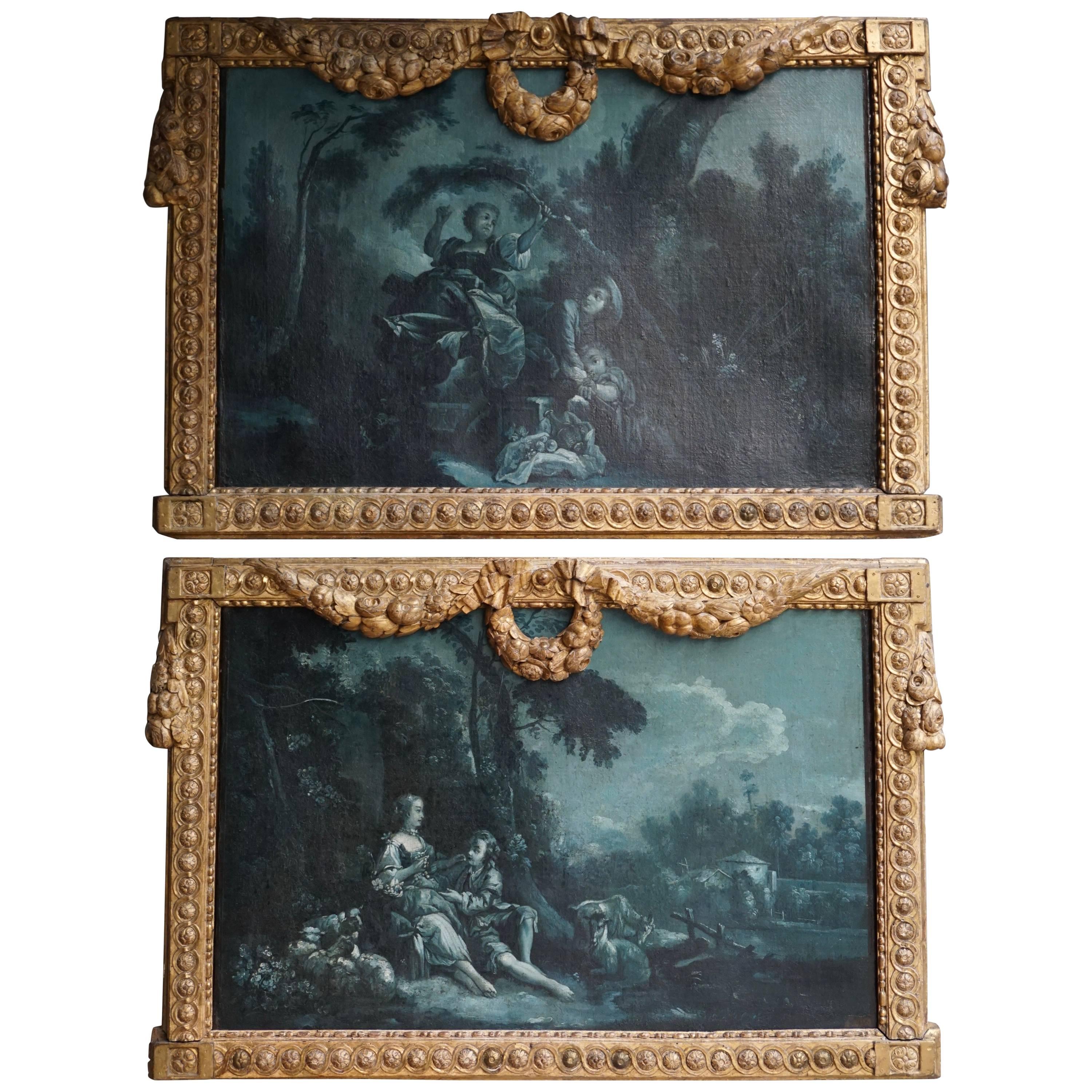 Very Fine and Rare Pair of Night Blue Grisaille Paintings, France, circa 1775