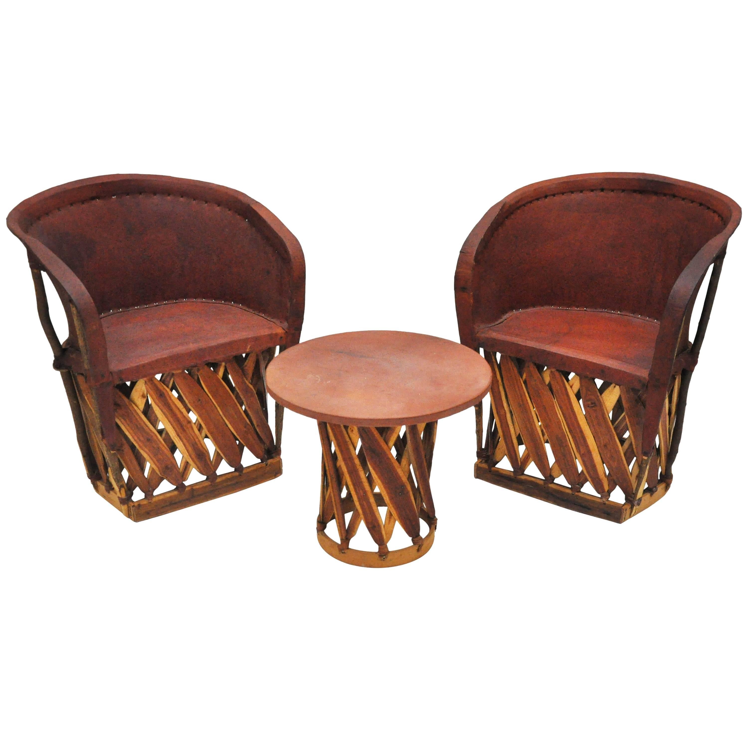 Table and Pair of Mexican Pigskin Chairs