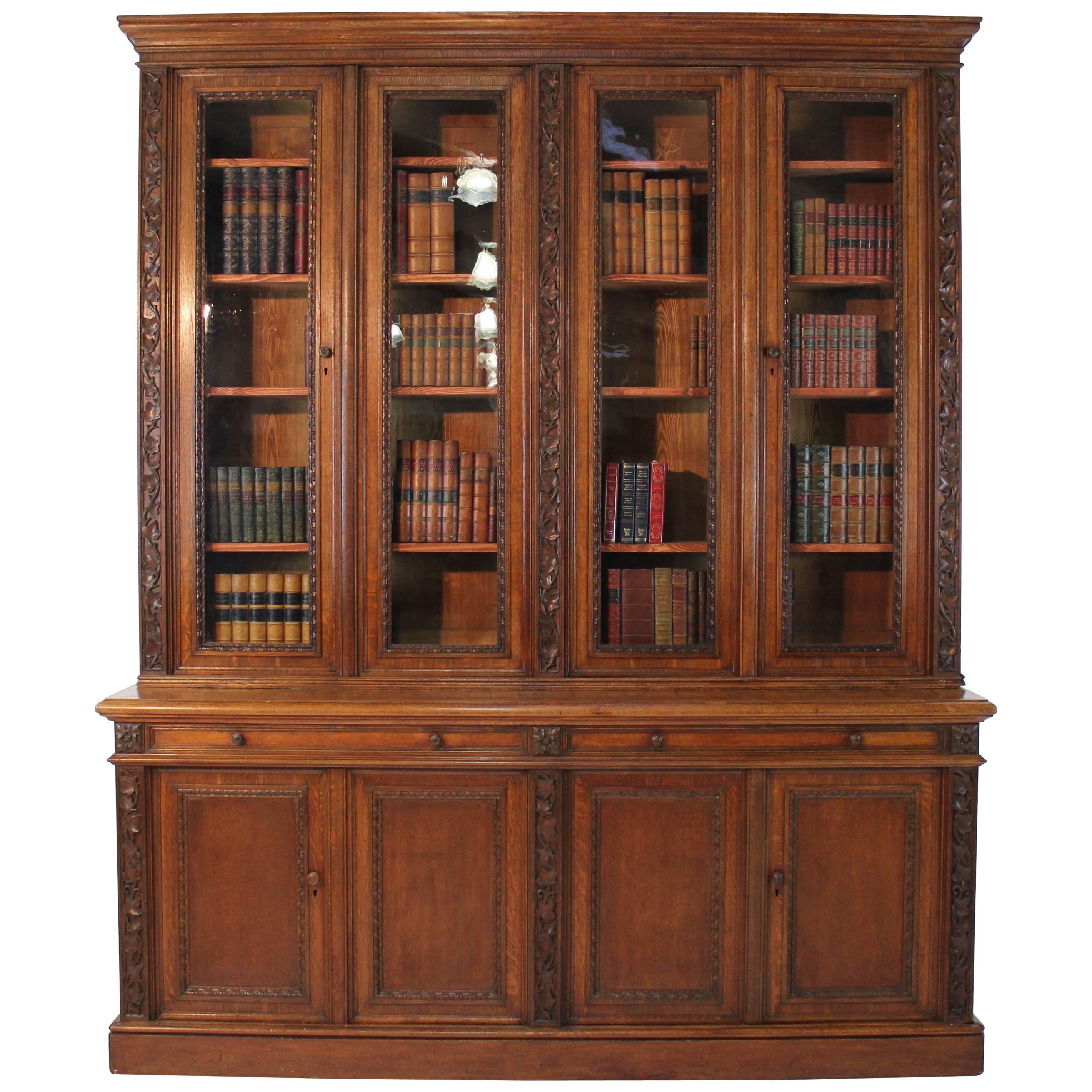 Victorian Ivy Leaf Carved Oak Library Bookcase, English, 19th Century