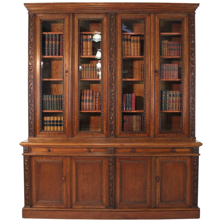 Victorian Ivy Leaf Carved Oak Library Bookcase, English, 19th Century at 1stDibs