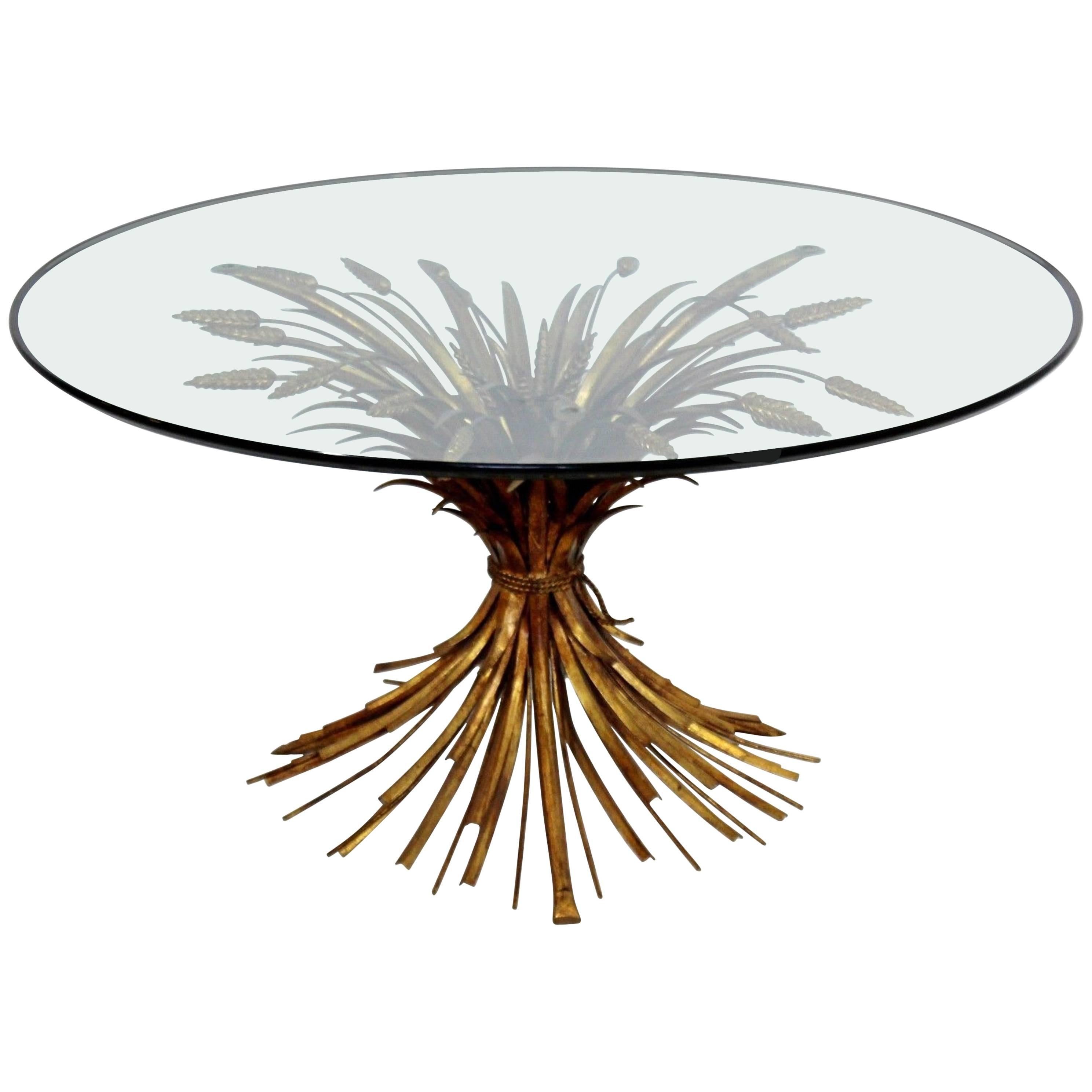 Mid-Century Modern Italian Gold Gilt Regency Wheat Sheaf Glass Coffee Table
