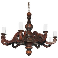 Large & Handcrafted Wooden Nine-Arm Dining Room Chandelier with a Great Patina