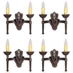 1 of 4 Wrought Iron Antique Double Sconces with Shield Morif, circa 1920s