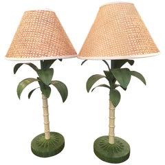Palm Tree Leaf Table Lamps Pair of Tole Metal Breakers Palm Beach Tropical