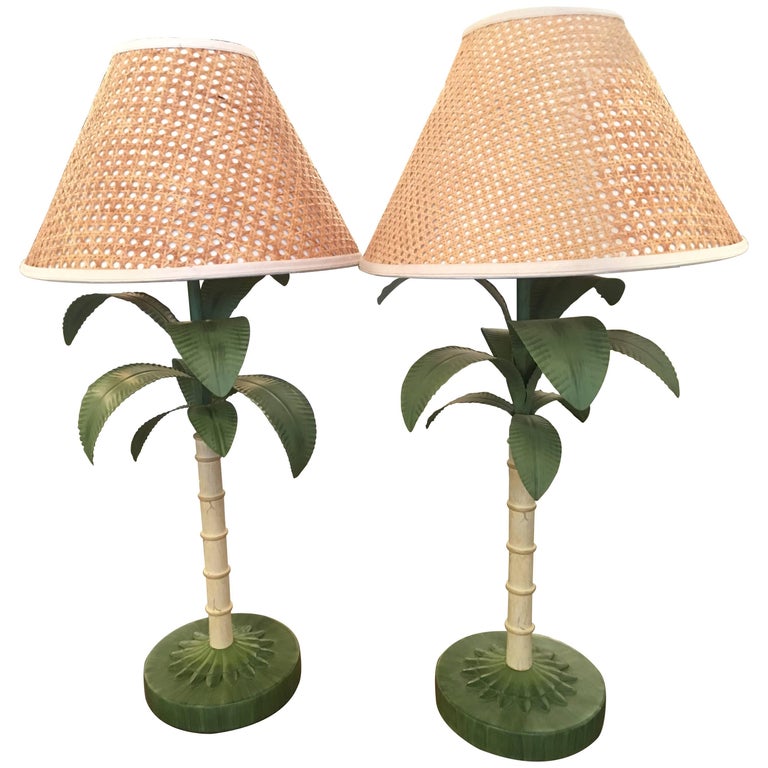 Palm Tree Leaf Table Lamps Pair of Tole Metal Breakers Palm Beach