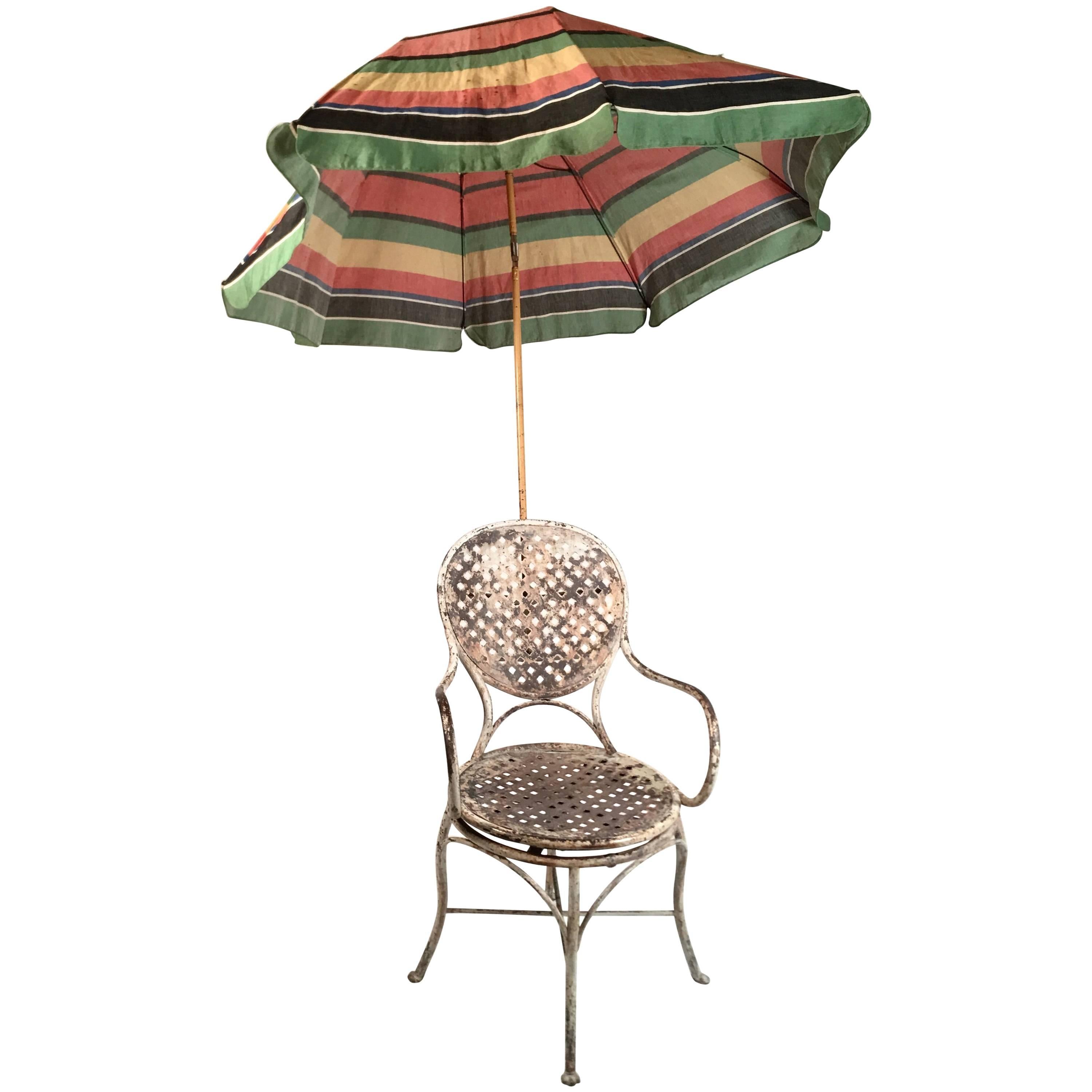 French  Iron Garden Chair with Adjustable and Removable Umbrella, circa 1920s