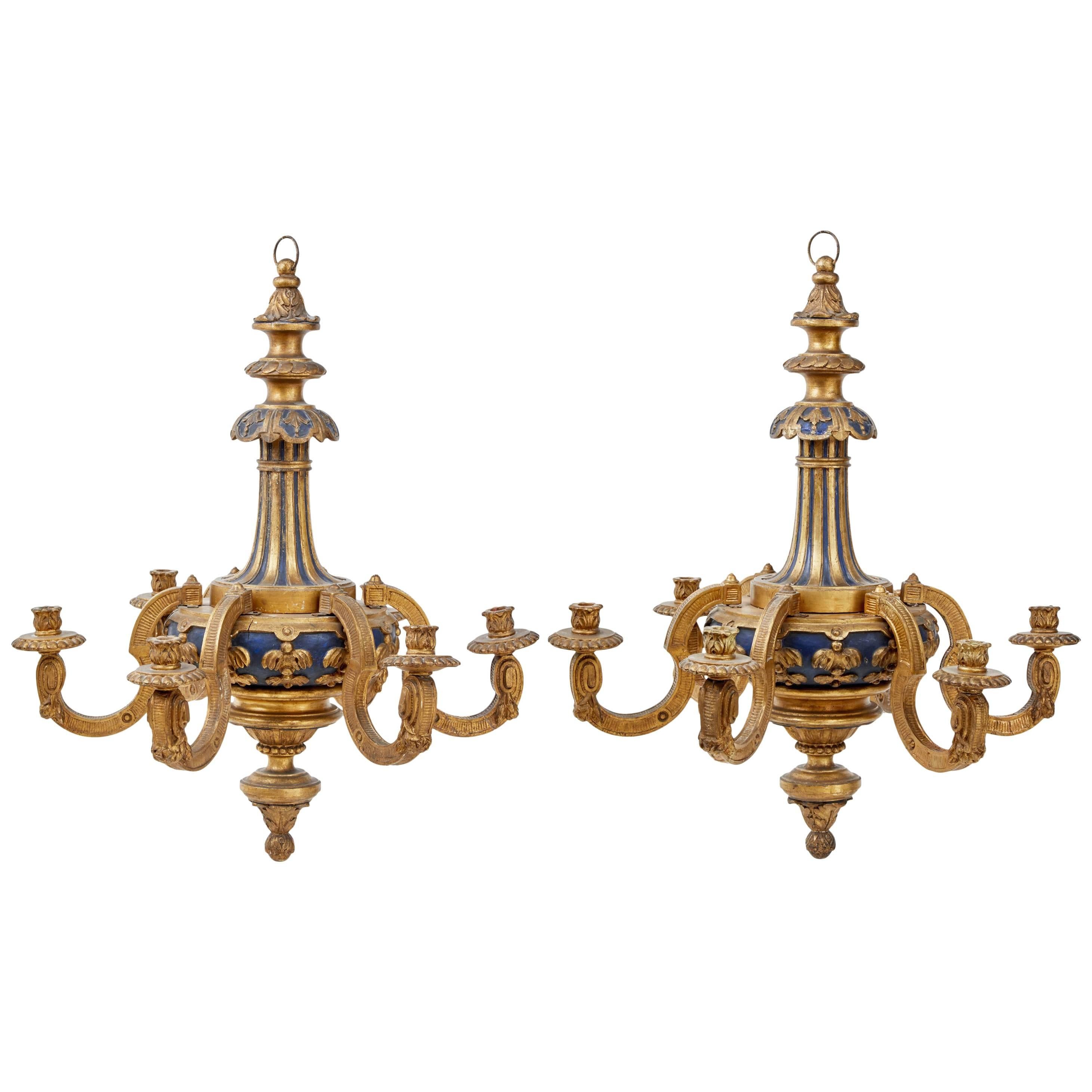 Pair of Rare Carved Wood and Gilt French Early 20th Century Chandeliers
