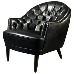 Deep Tufted Black Leather Easy Chair, Late 1960s