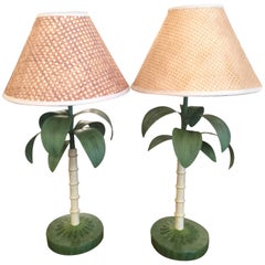 Palm Tree Leaf Frond Metal Breakers Table Lamps, Pair Tropical Palm Beach