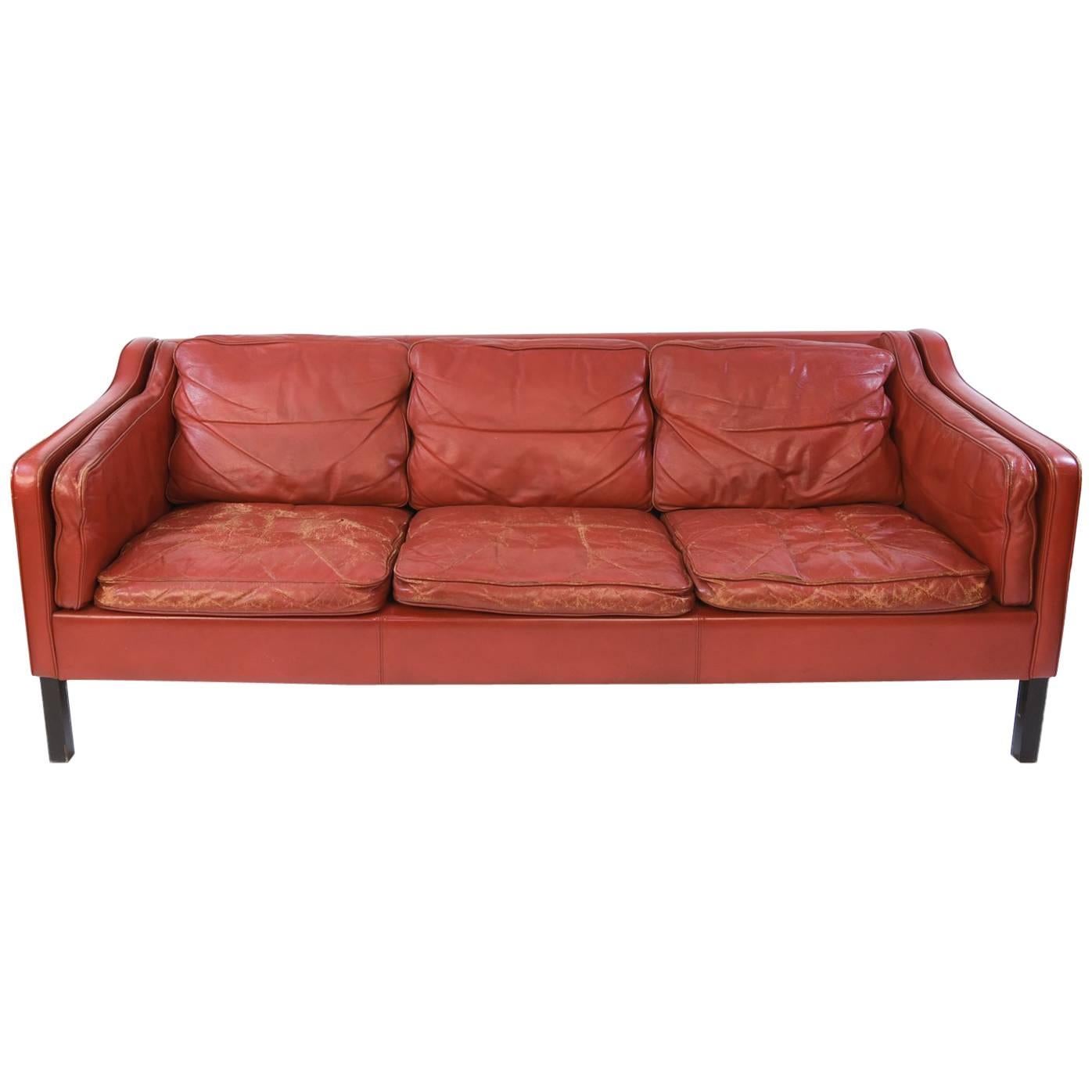 Danish Midcentury Børge Mogensen Style Red Leather Three-Seat Sofa