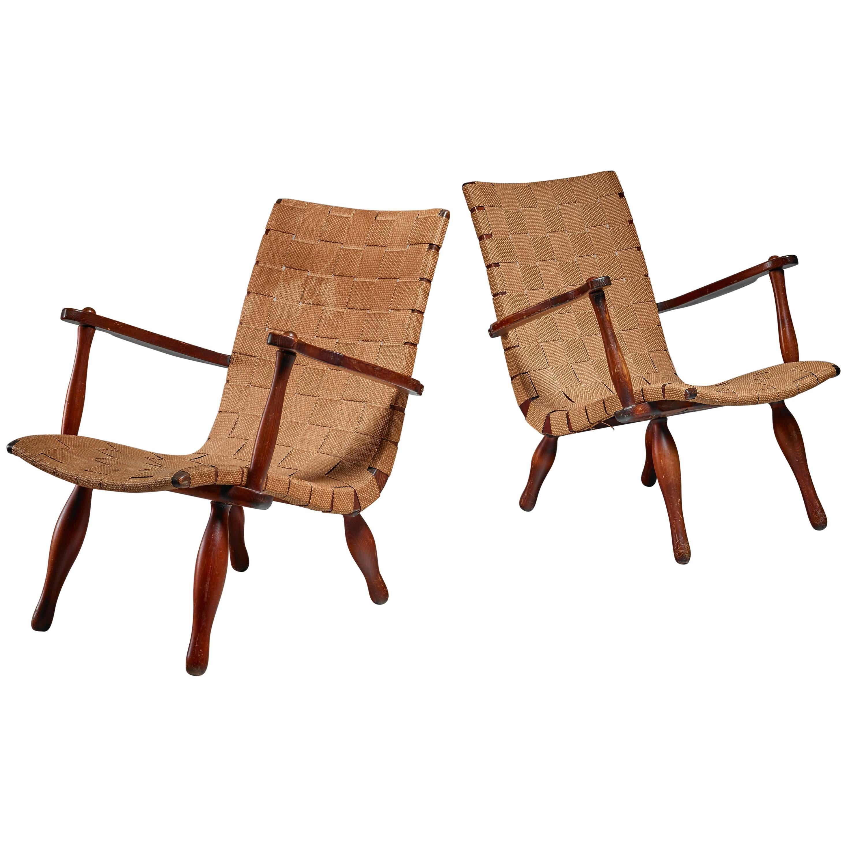 Pair of Lounge Chairs with Webbed Seating, Sweden, 1940s