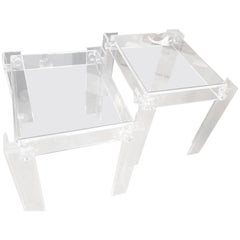 Vintage Pair of Lucite End Side Tables with Glass Top, Peg, Bolt