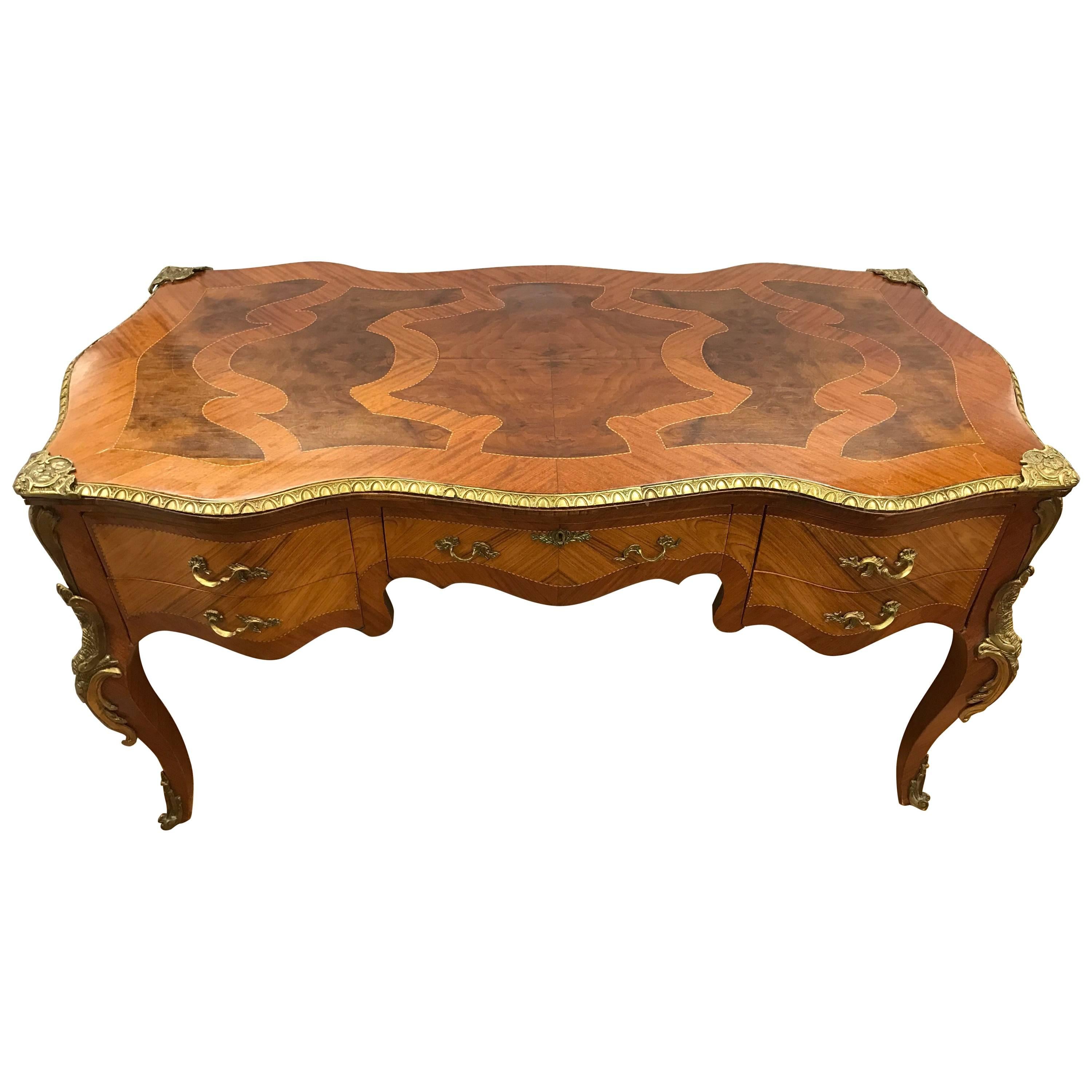 French Louis XV Writing Desk Bureau Plat with Parquetry and Bronze Ormolu Mounts