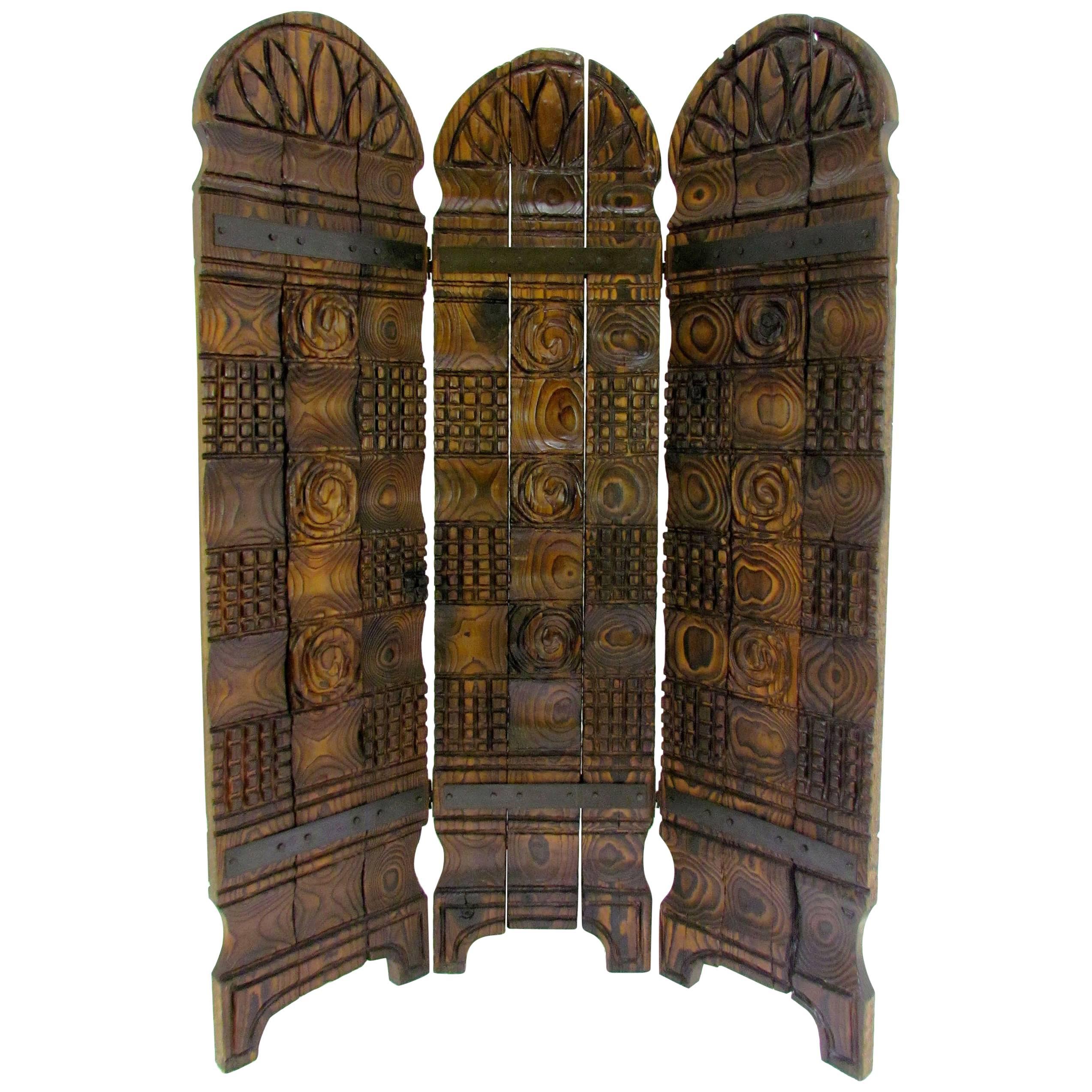 Witco Tiki Carved Wood Three-Panel Screen or Room Divider, circa 1960s
