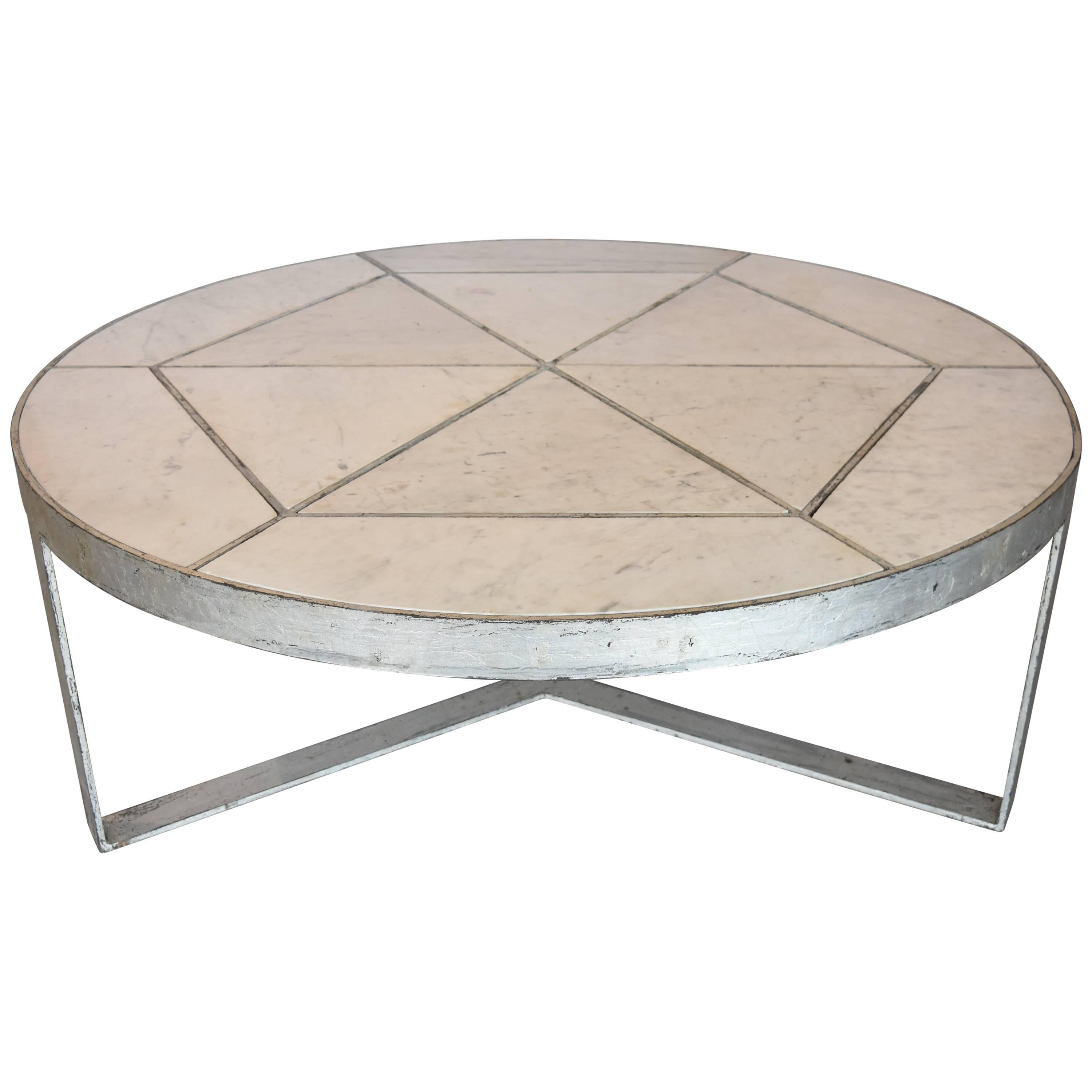 Silver Leaf over Iron with Marble Inset in Round Coffee Table from Europe