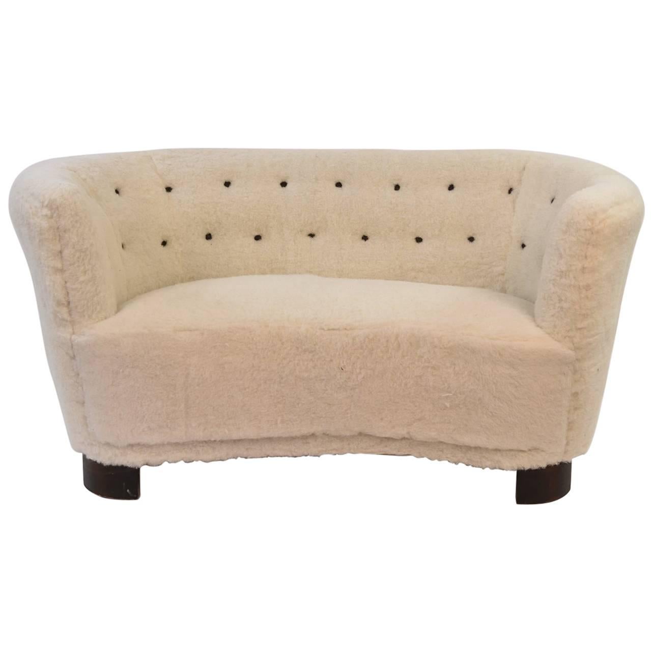 Slagelse Møbelværk Model 15 Lambs Wool Upholstered Banana Shape Loveseat