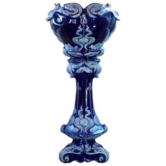French Majolica Art Nouveau Vulcan Cobalt Pedestal Jardinière, circa 1900