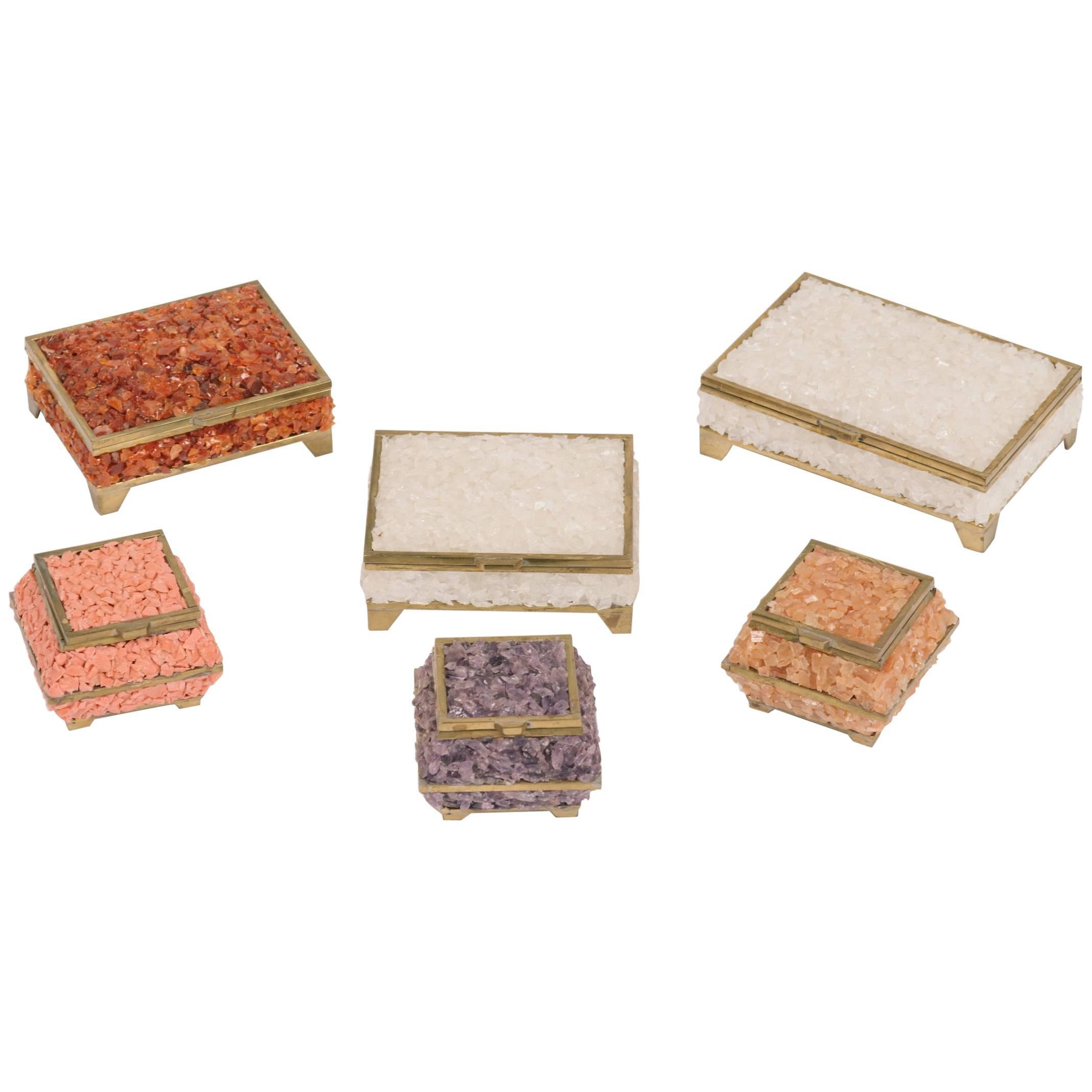 Set of Six Quartz and Coral Boxes