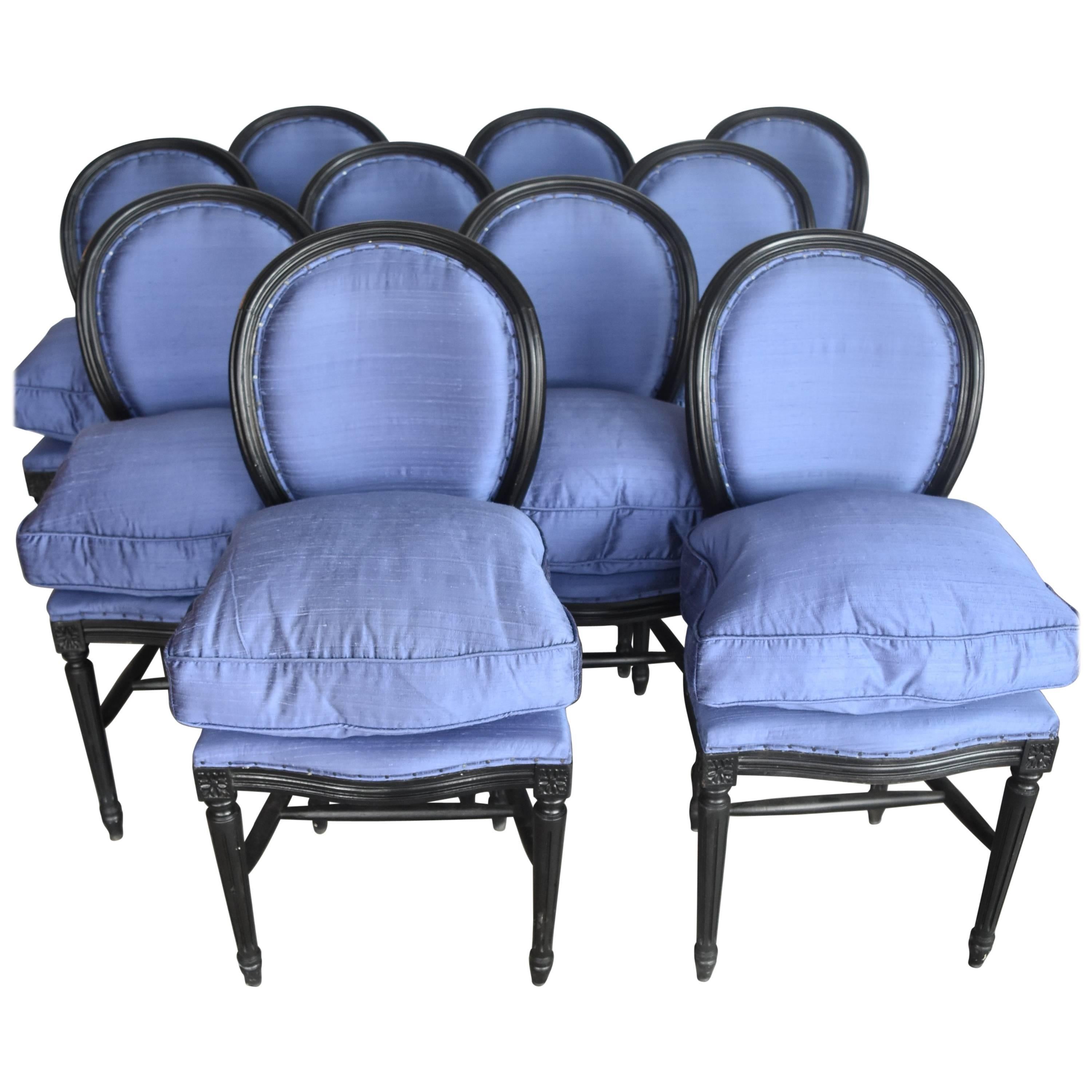 French 1920 Louis XVI Set of Ten Round Back Chairs with Dupioni Silk Upholstery