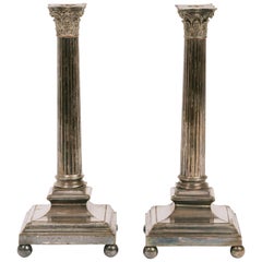 Pair of Large 1880s English Silver Plate Column Candlesticks