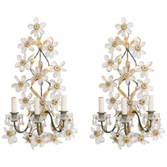 1950s Italian Crystal and Gilt Metal Floral Sconces