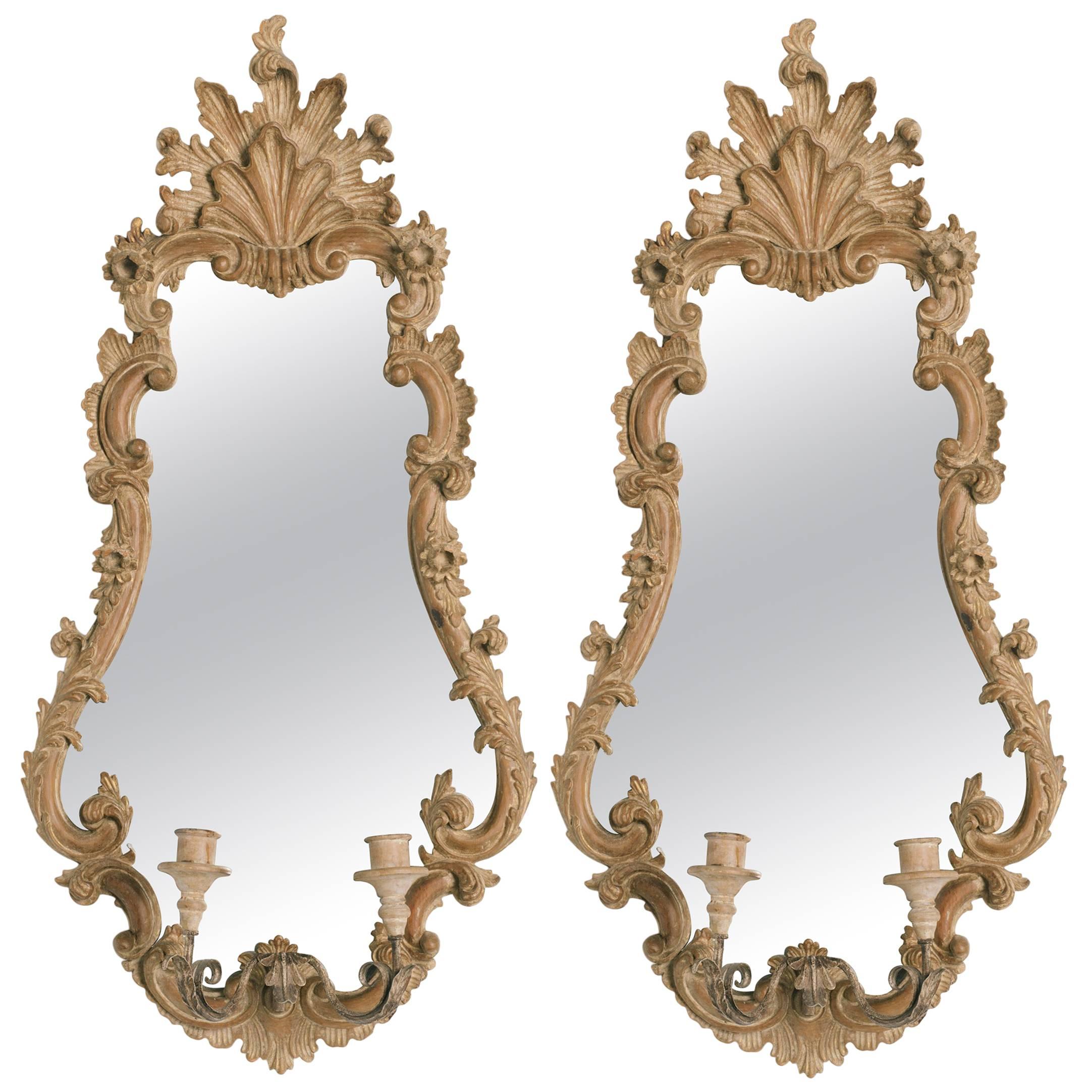 Pair of 1950s Italian Carved Wood Mirrors with Sconces