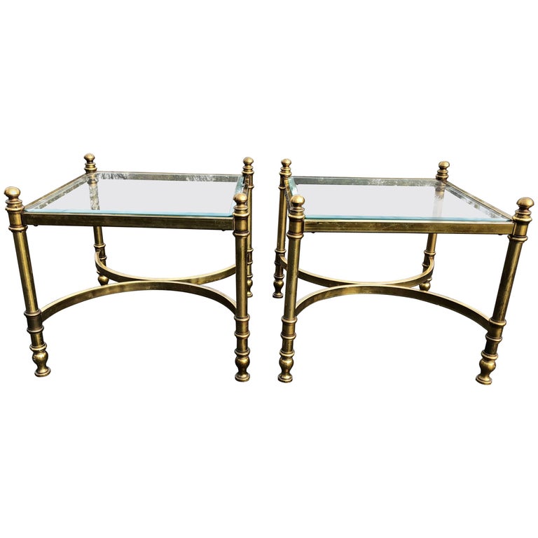 Pair of Hollywood Regency Brass and Glass End Tables For Sale at 1stdibs