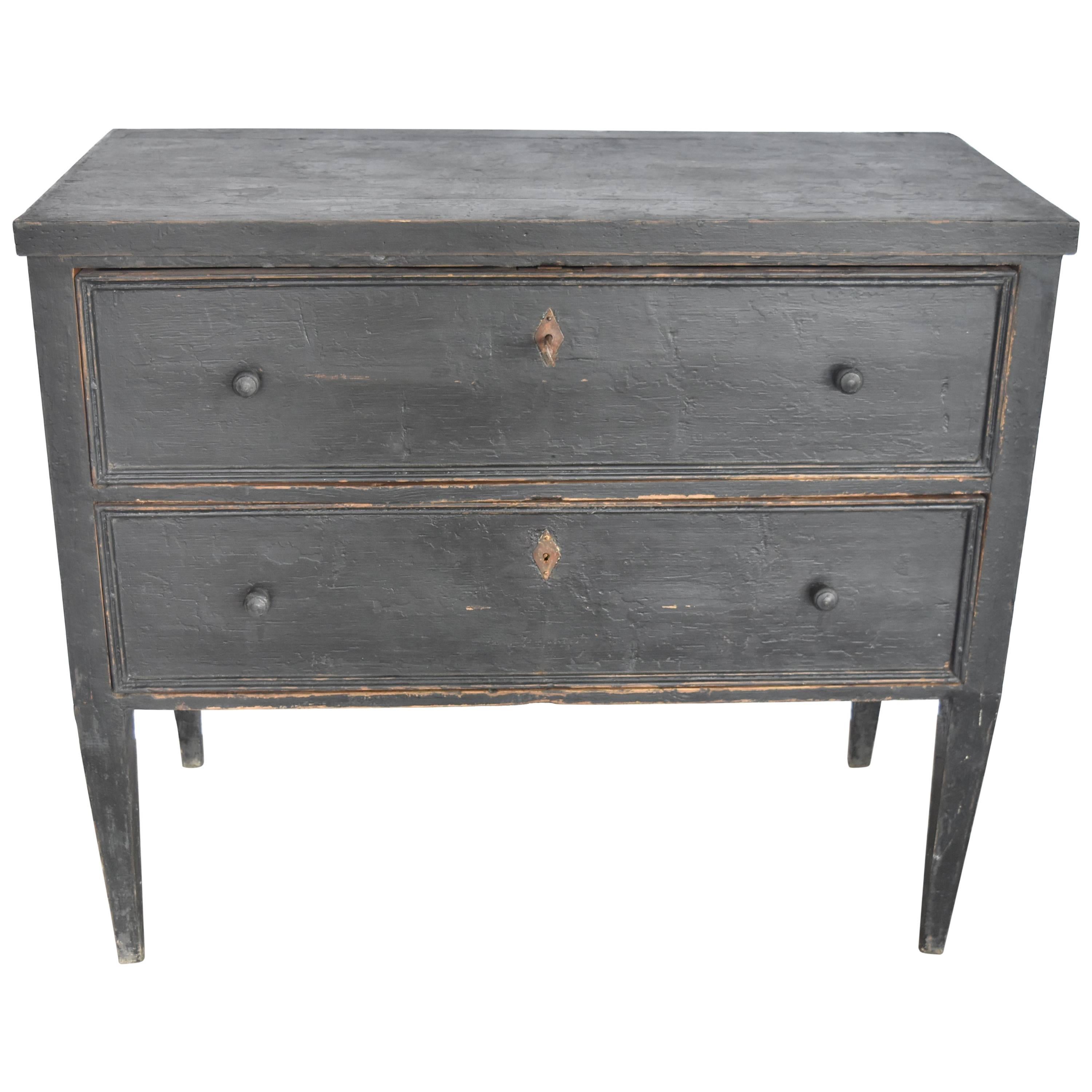 Spanish Two-Drawer Chest Painted Black with Wooden Pulls Made from Pine