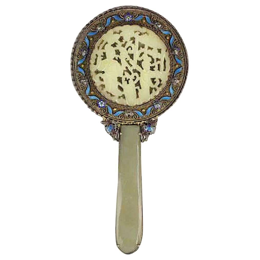 Antique Chinese Silver Filigree Hand Mirror, Enameled Jade Handle, Jade Inlay For Sale