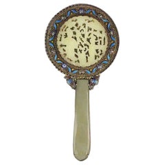 Antique Chinese Silver Filigree Hand Mirror, Enameled Jade Handle, Jade Inlay