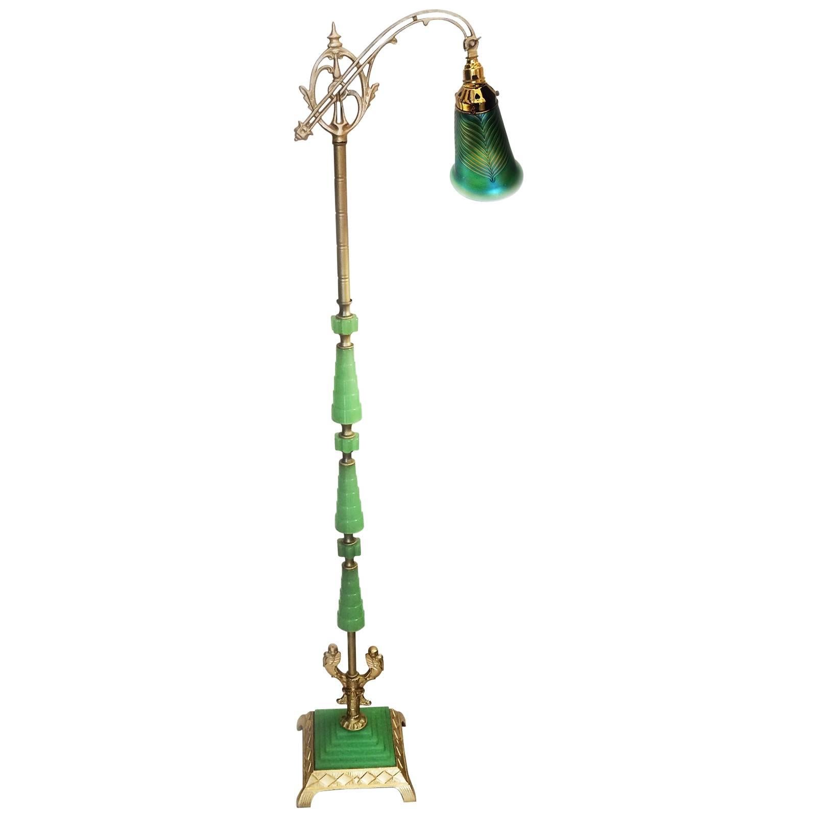 Art Nouveau Jadeite Glass and Irridescent Pulled Feather Shade Bridge Floor Lamp