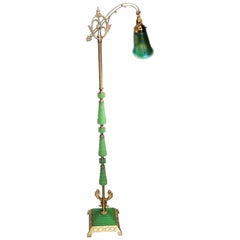 Art Nouveau Jadeite Glass and Irridescent Pulled Feather Shade Bridge Floor Lamp