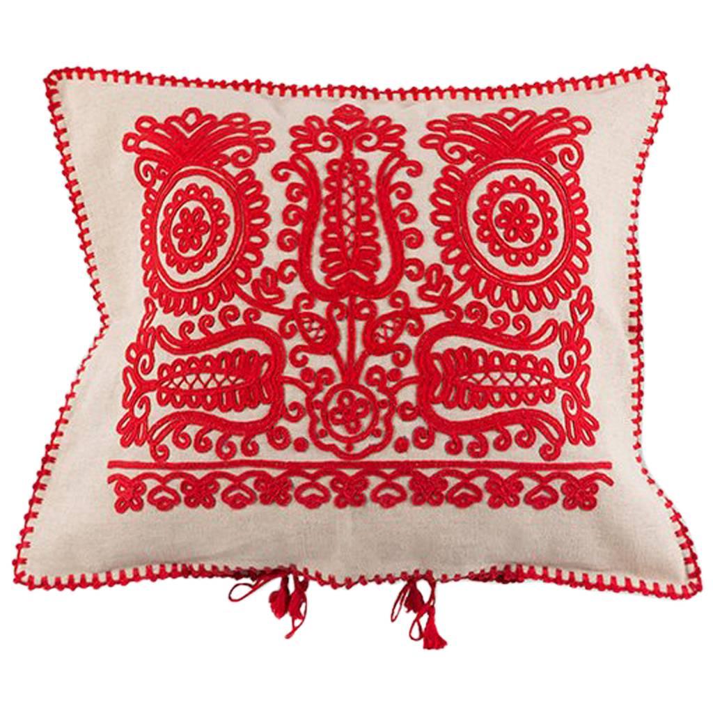 Made to Order Transylvanian Embroidered Red Cushion Cover For Sale