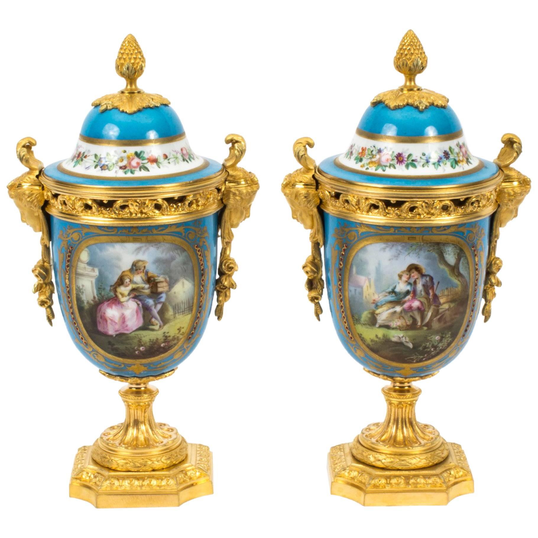 19th Century Pair of French Bleu Celeste Ormolu-Mounted Sevres Lidded Vases