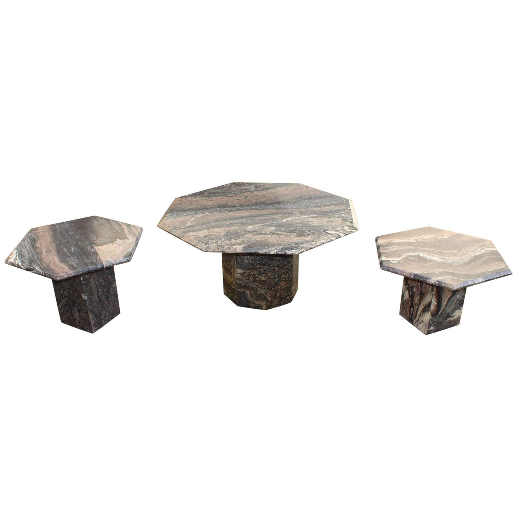 Beautiful Set of Three Marble Nesting Cocktail Tables, circa 1960 For Sale
