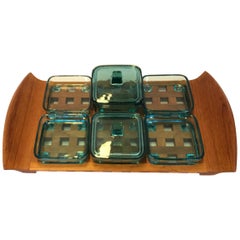 Jens H. Quistgaard Teak Tapas Tray with Six Glass Bowls, Two with Lid, 1960s