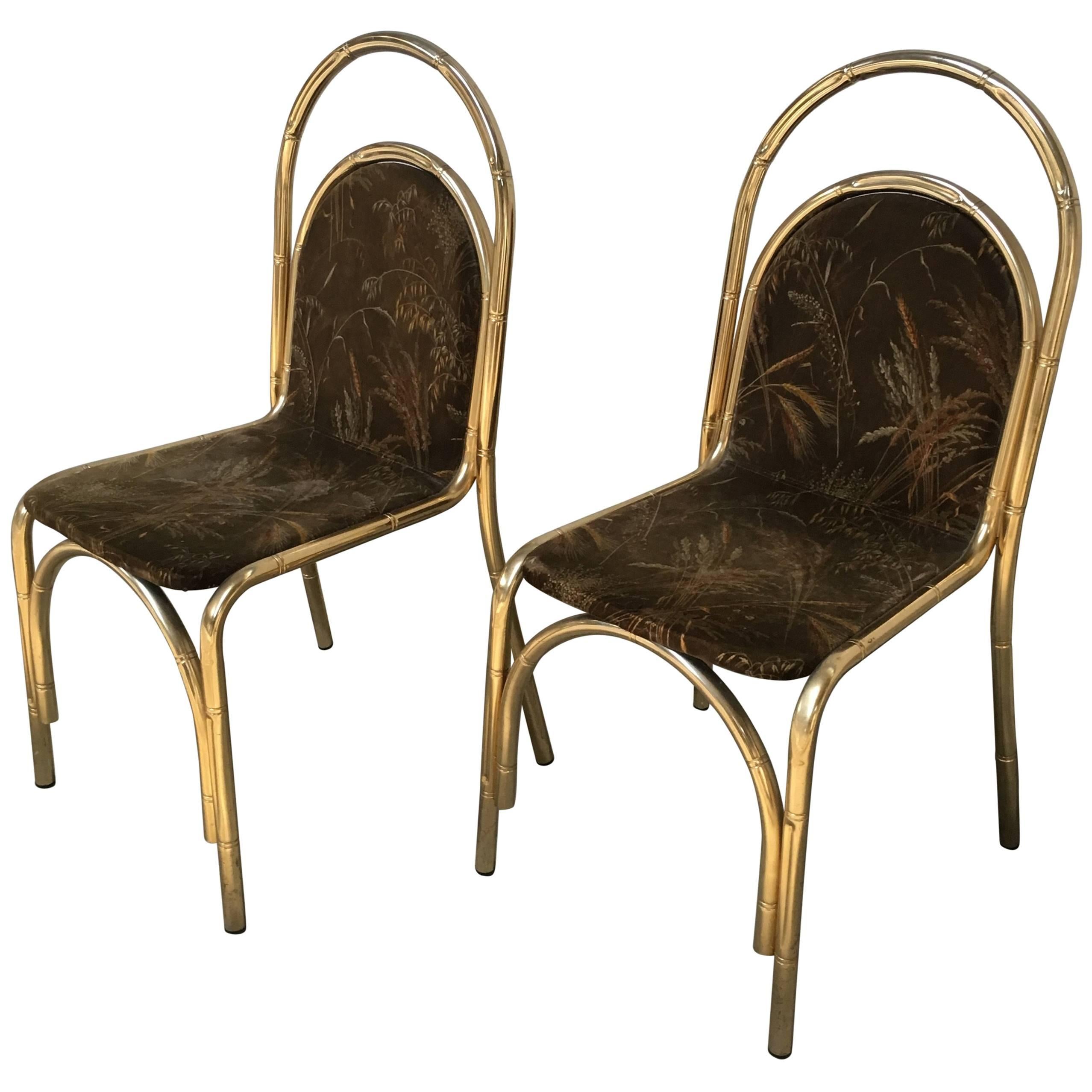 Mid-Century Modern Italian Gilt Metal Faux Bamboo Chairs with Original Fabric