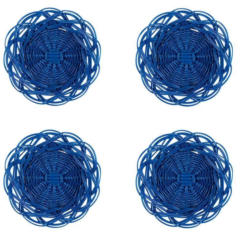 Handwoven Wicker Mini Bread Baskets in Bright Blue, Set of Four For Sale