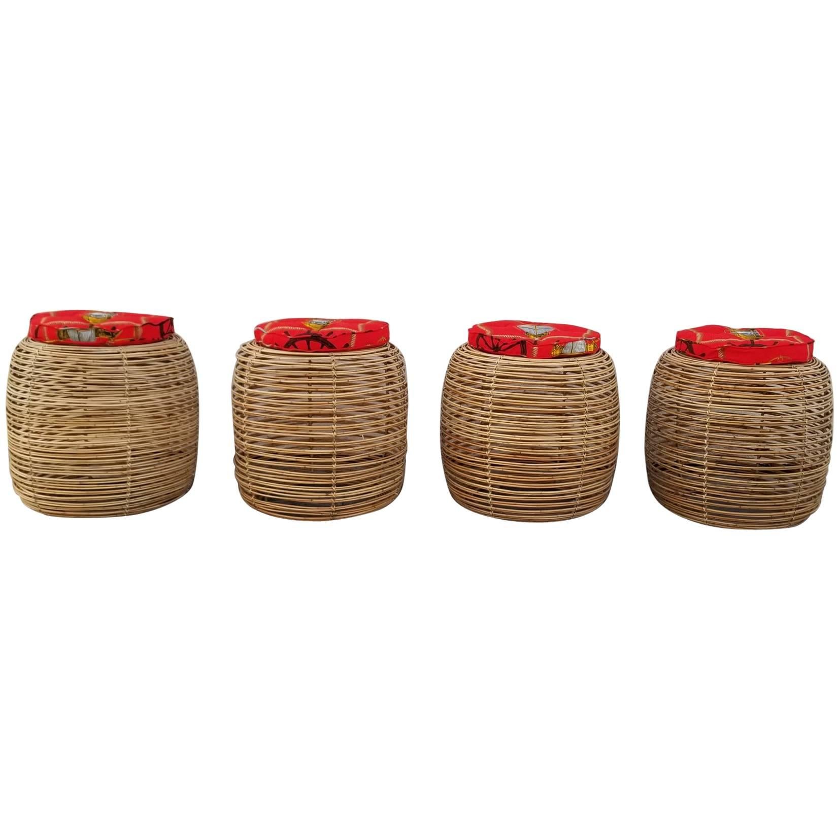 Set of Four Rattan Stools, France, 1970s