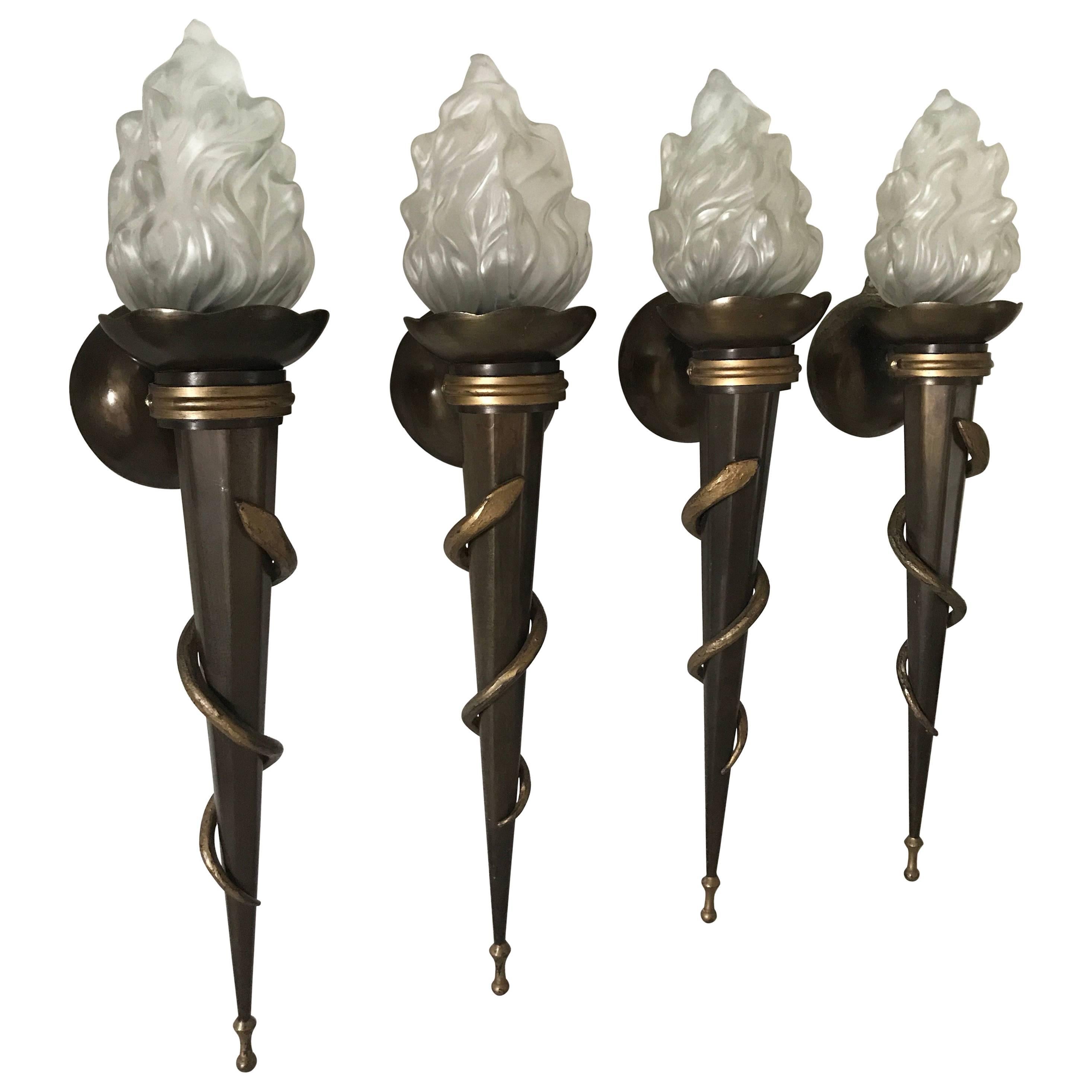 Two Pair of Rare Large Swedish Art Deco Torch Wall Sconces Totally Four Pieces For Sale