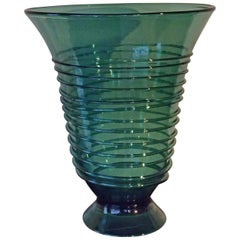 Midcentury Huge Green Glass Vase with Spiral Decor