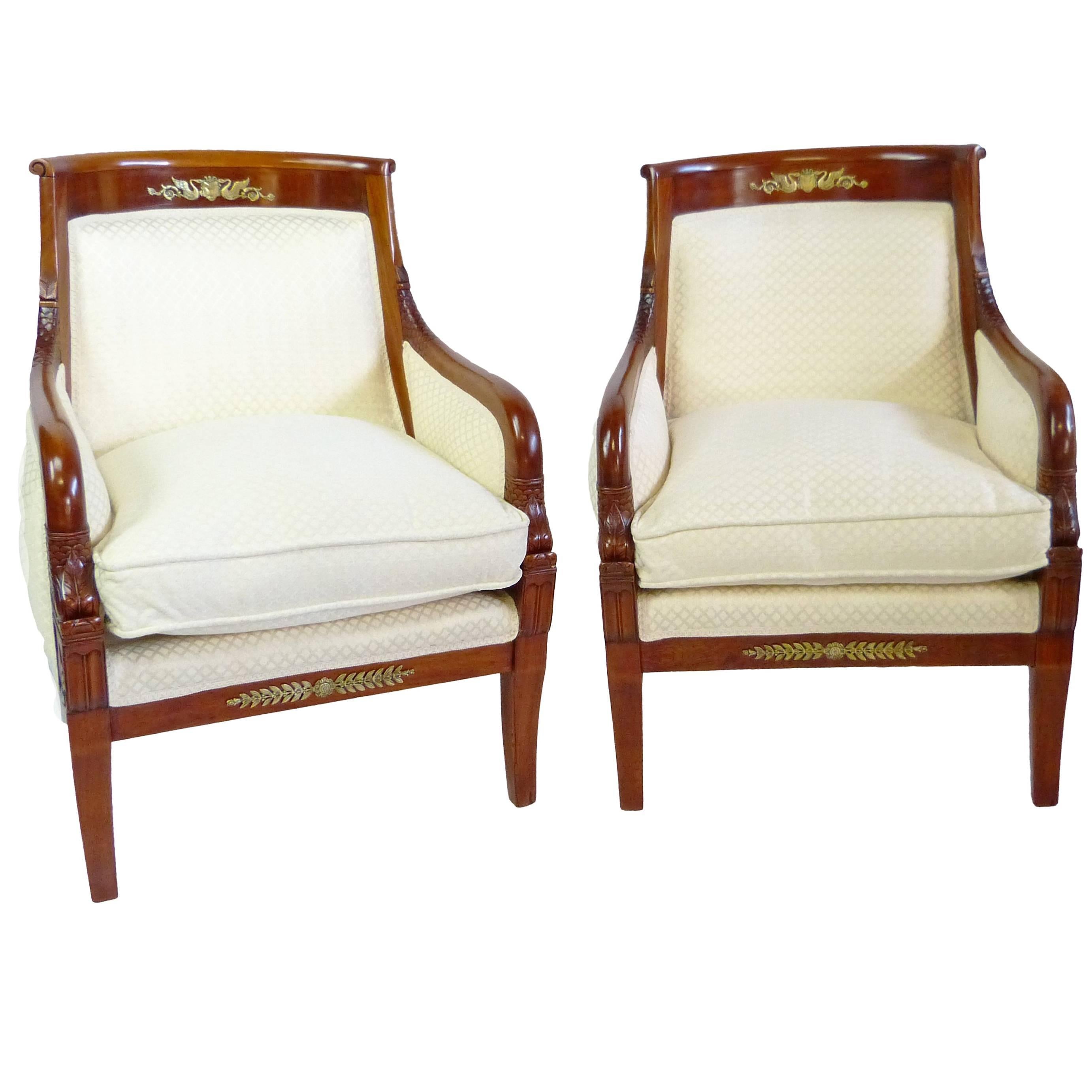 Empire Dolphin Armchairs 19th Century French with Gilt Brass Decorations