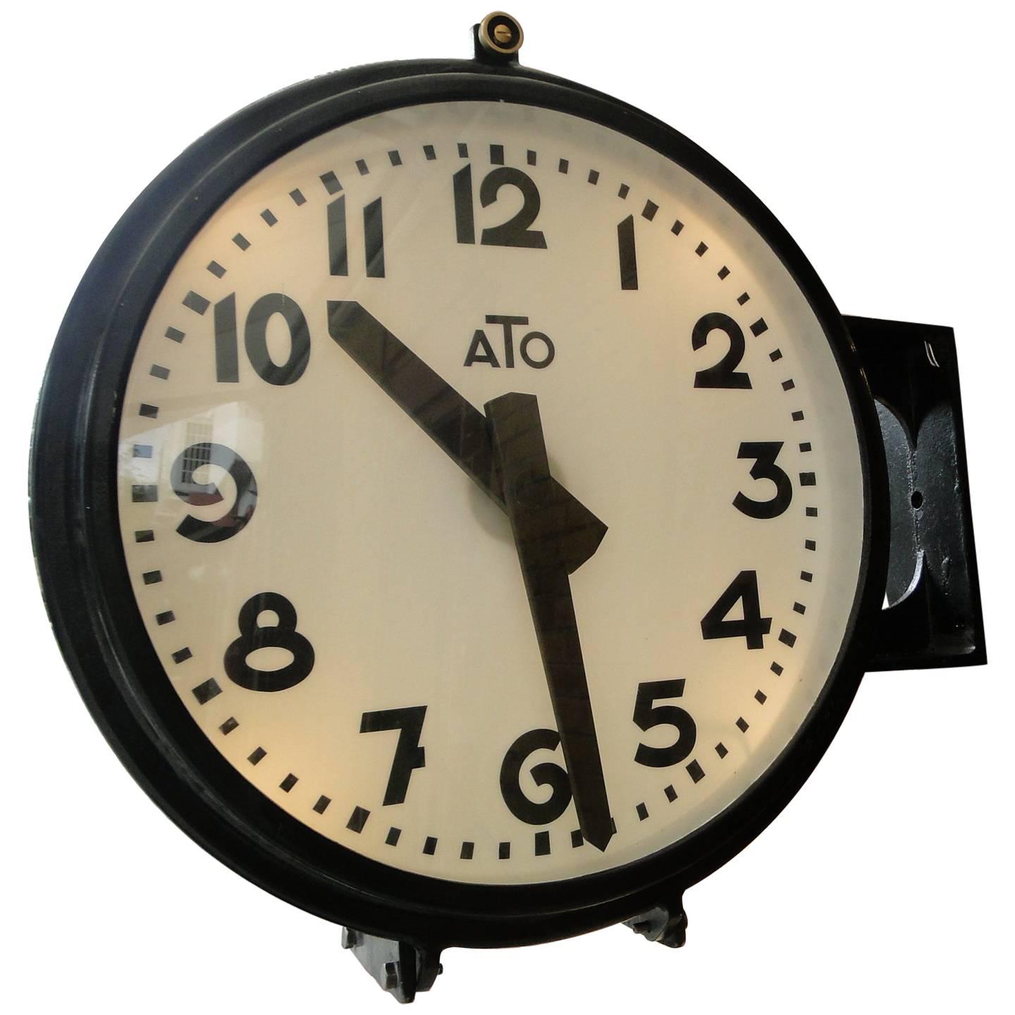 Vintage French Ato Brillie Station Railway Clock Factory Industrial Double Side For Sale
